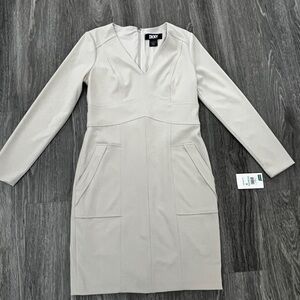 DKNY Cream Long Sleeve Sheath Dress V-Neck